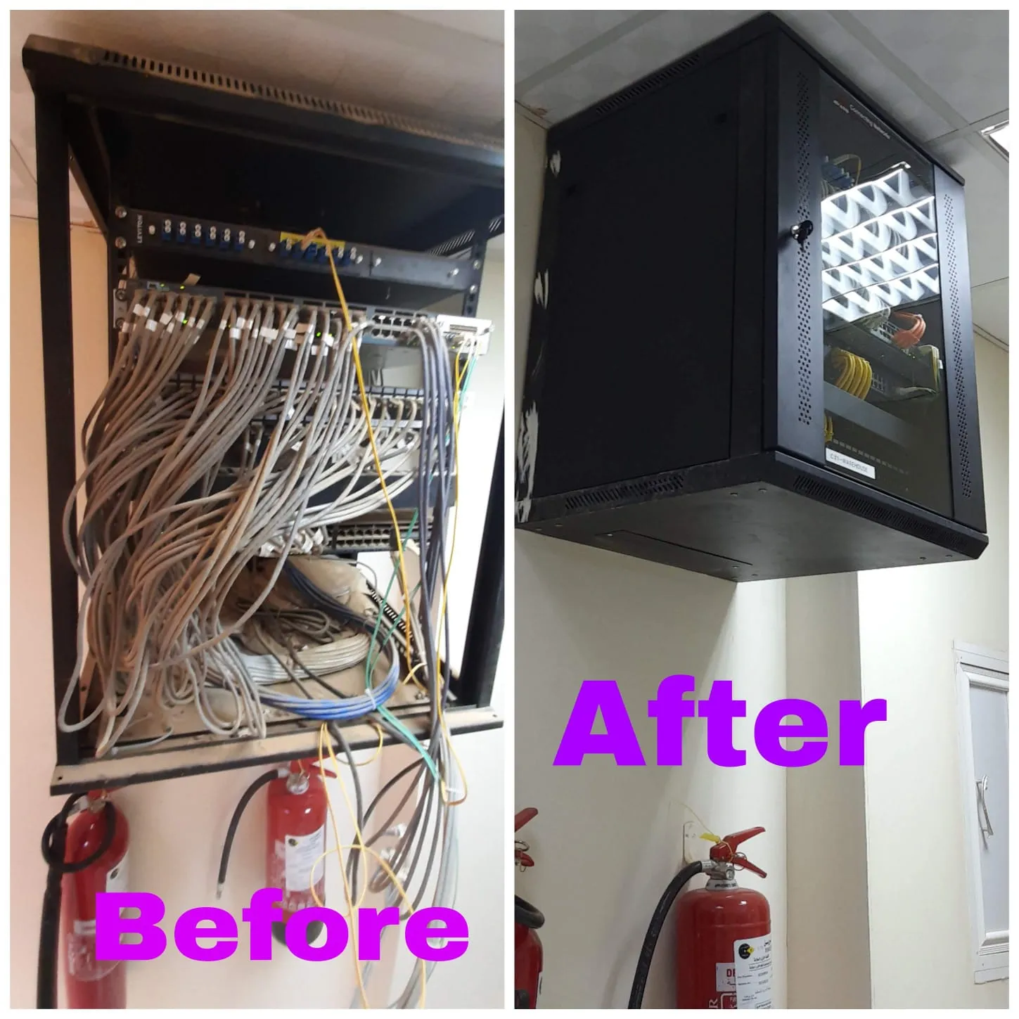 Datacenter server rack cleanup cable organization before after abandoned cabling removal vertical cable managers color coded infrastructure Surrey BC