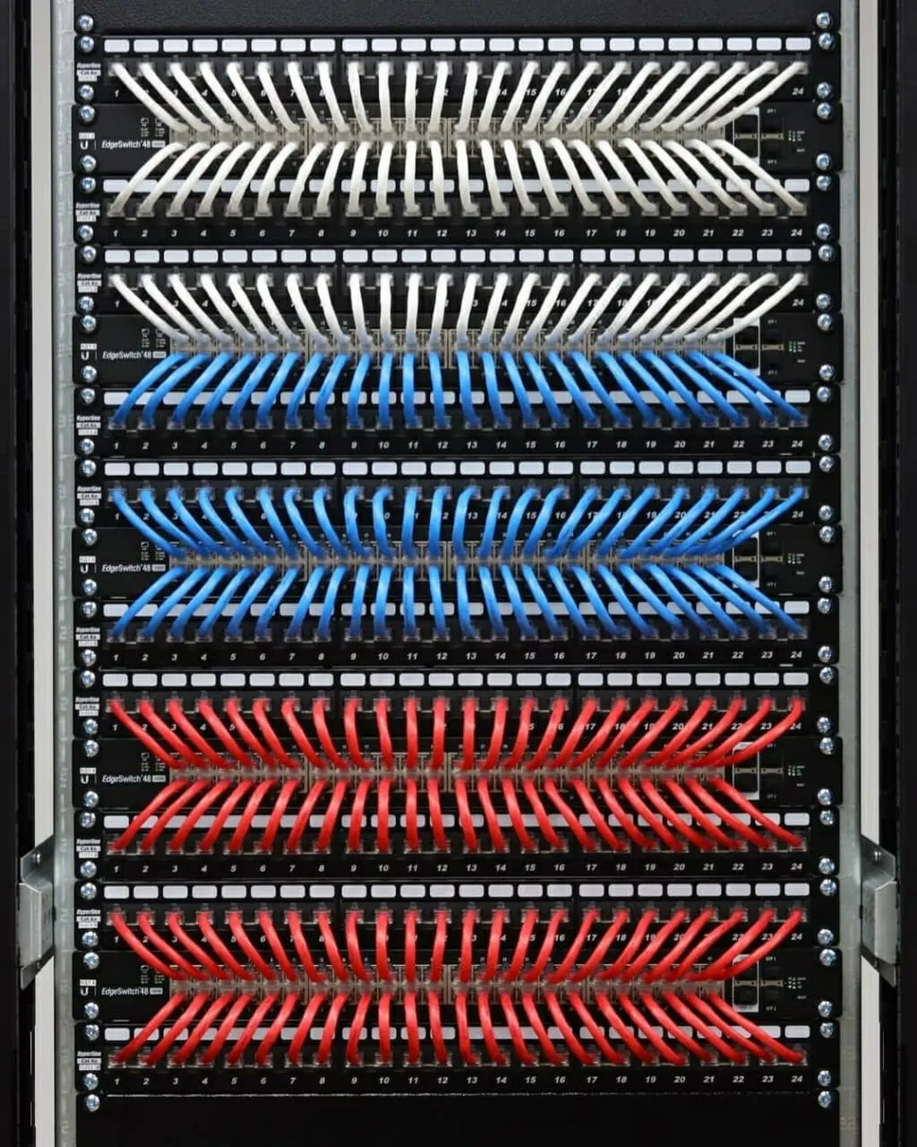 Enterprise core switch rack remediation before after legacy cluttered infrastructure organized labeled documented network backbone improved cooling Vancouver BC
