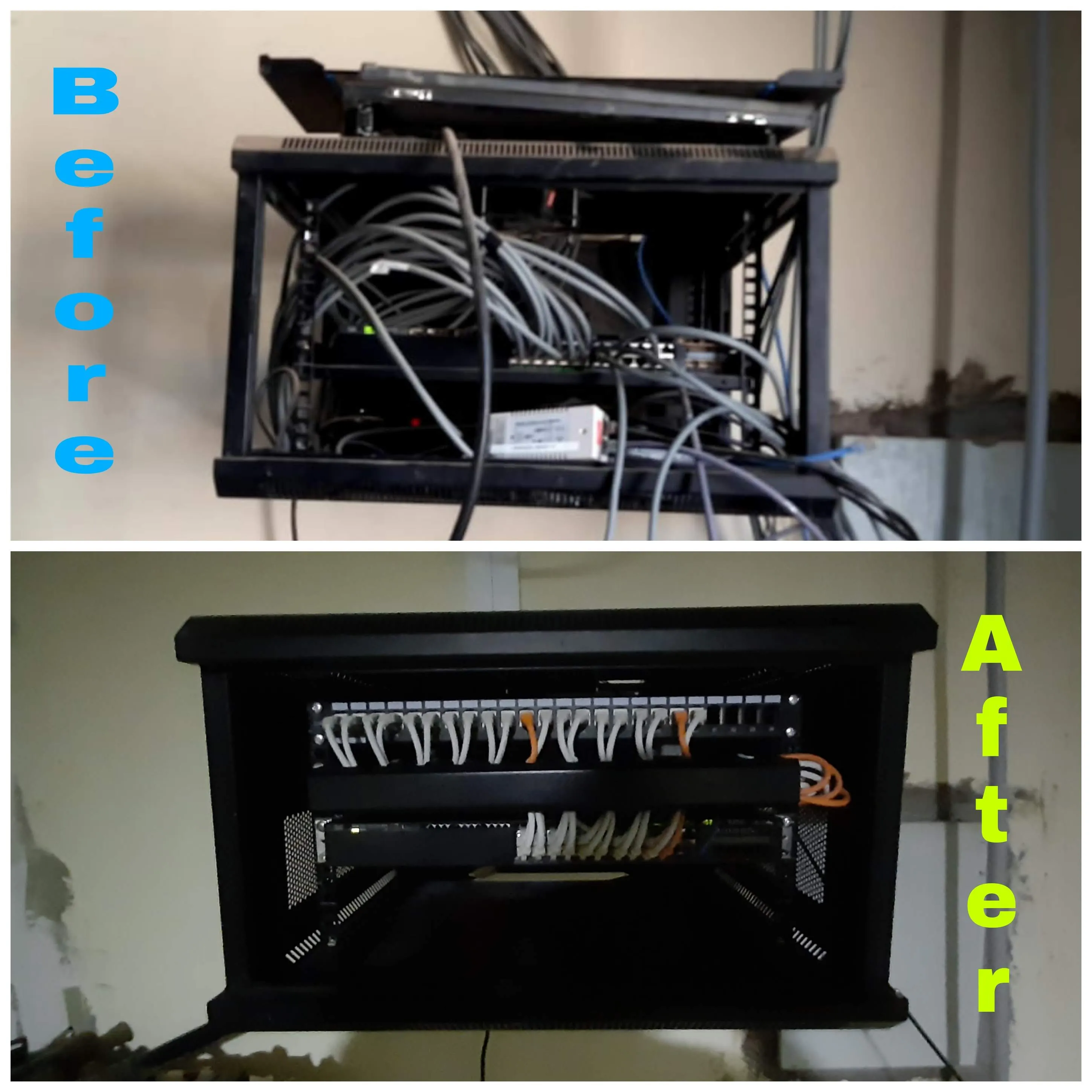 High density patch panel remediation yellow orange cable segregation network segmentation re-terminated ports continuity testing horizontal cable managers Burnaby BC