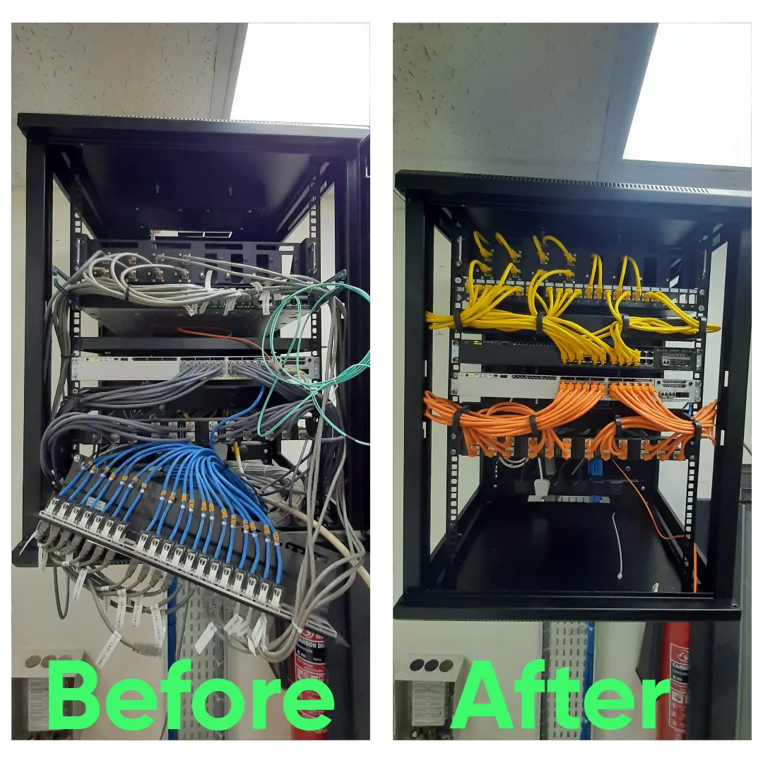 Legacy Cisco switch rack cable cleanup infrastructure modernization re-routed aged cabling replaced damaged patch cords proper bend radius strain relief Seattle Washington