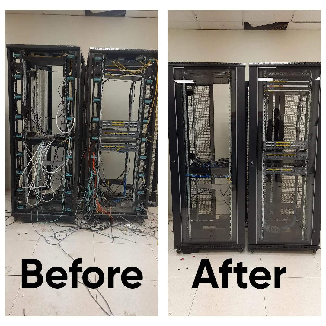 Network chassis switch cable management cleanup service provider infrastructure organized fiber copper feeds cable troughs port mapping documentation Burnaby BC