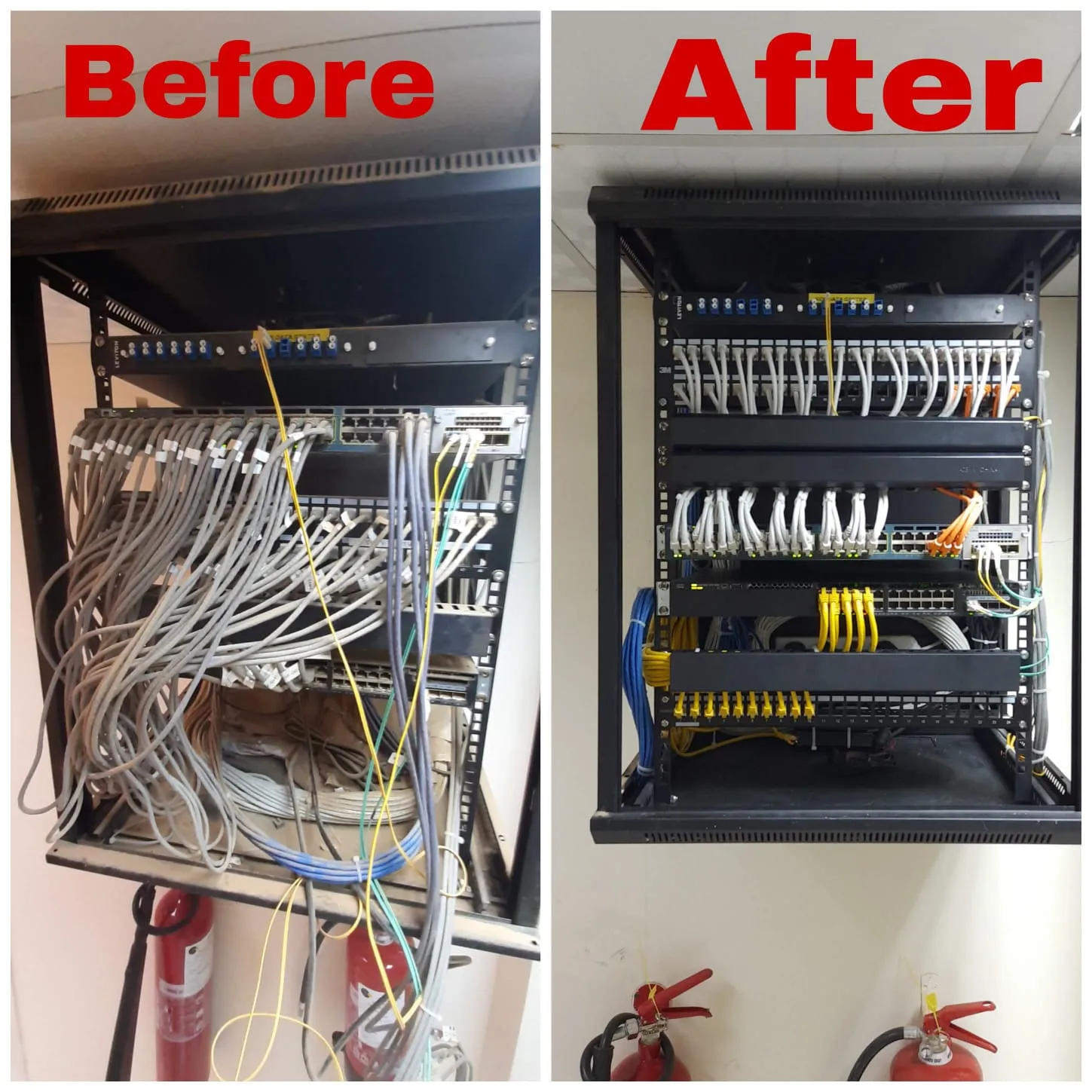 Open frame four post network rack cable remediation telecommunications room ladder rack drops velcro bundling service loop management carrier grade equipment North America