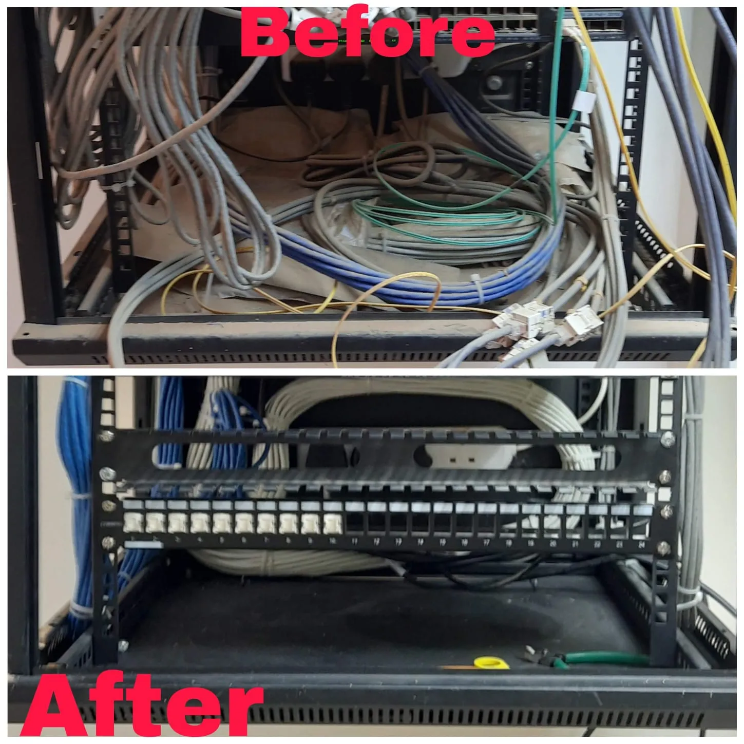 Patch panel cable organization before after transformation horizontal vertical cable managers numbered ports tested drops Gigabit performance Vancouver BC