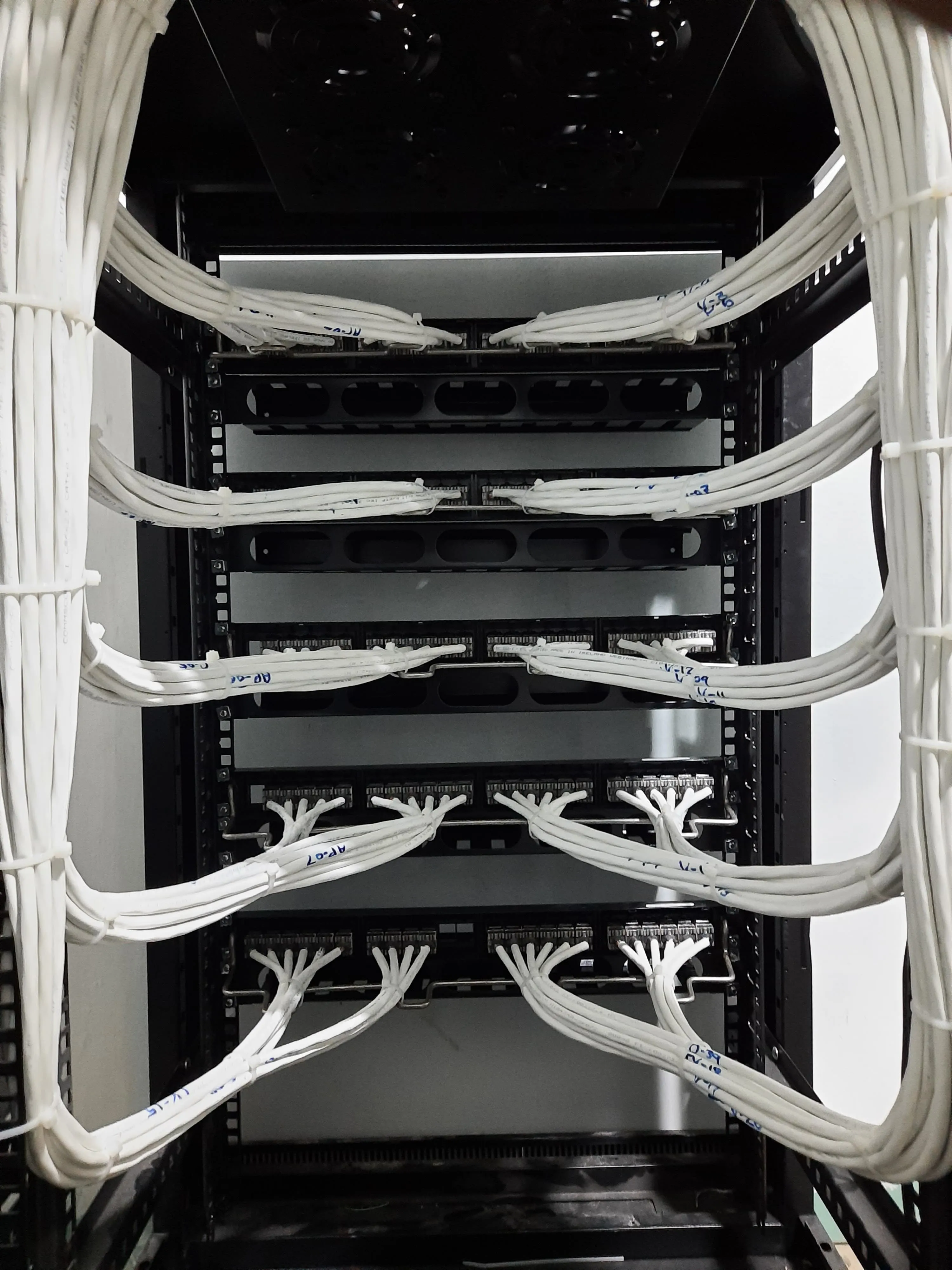 Rear rack vertical trunking cable bundle management clean equipment installation Panduit CommScope trunking proper bend radius control service loop accommodation Lahore Pakistan