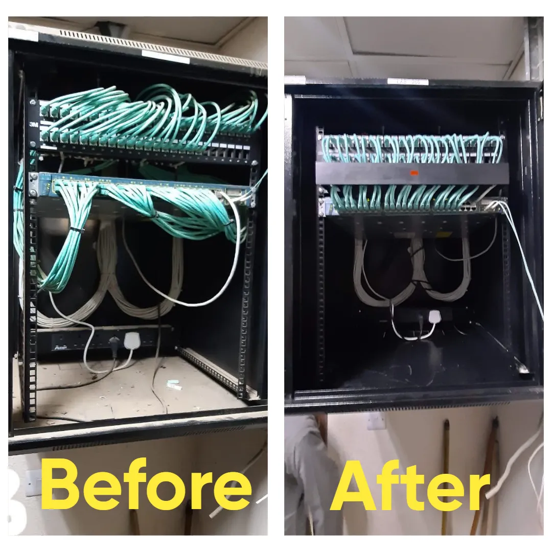 Tri-color structured cabling patch panel installation blue yellow orange cable segregation network function identification full certification as-built documentation Surrey BC
