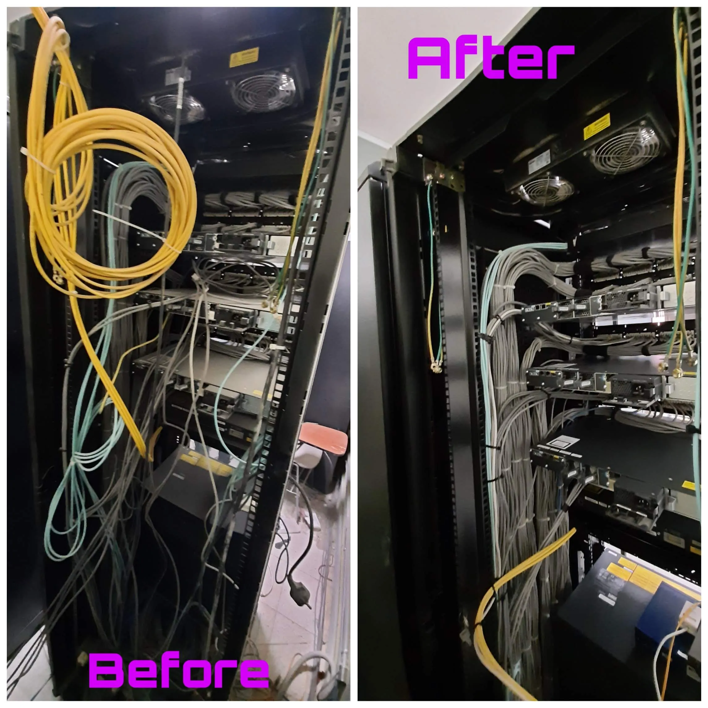 Intermediate Distribution Frame IDF wall mount cabinet cable reorganization consolidated switch uplinks cable managers improved accessibility maintenance Seattle Washington
