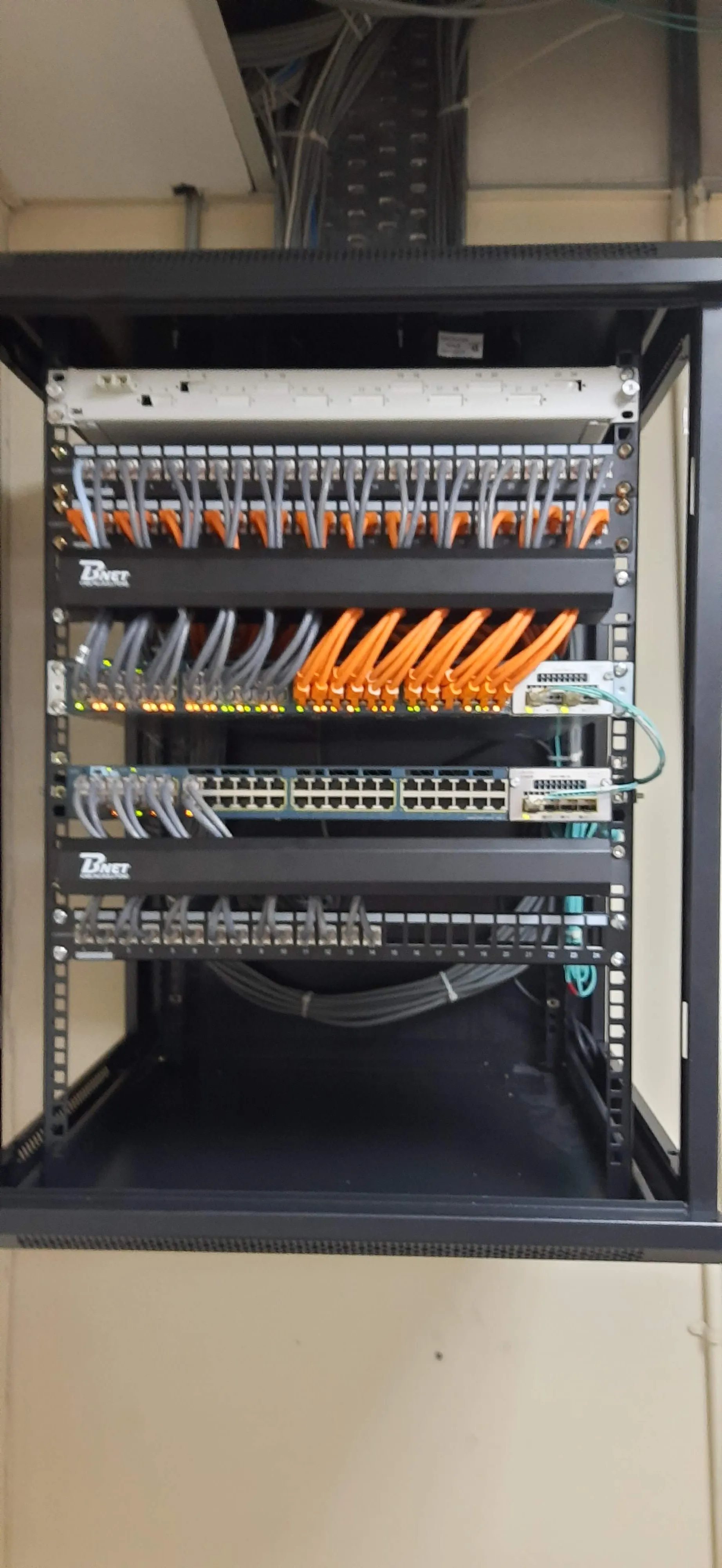 Compact wall mount network switch rack installation small office retail environments space optimized design integrated power patch panel wireless access point connectivity Burnaby BC